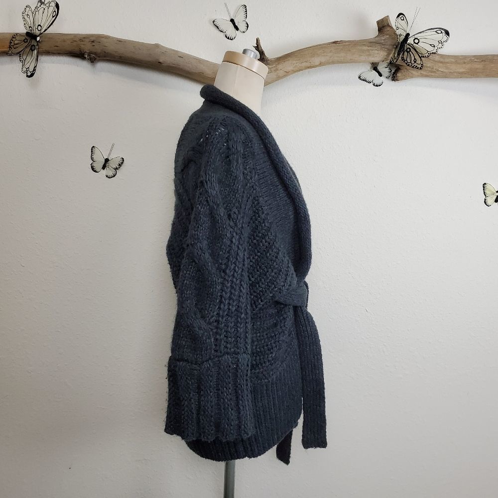 Cozy Belted Cable-Knit Sweater Cardigan - Charcoal - Picture 7 of 8